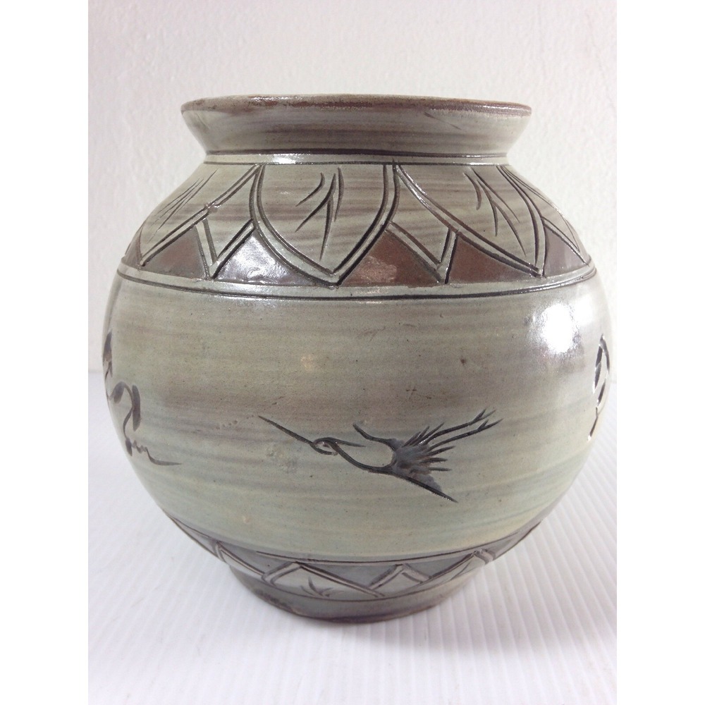 Southwestern Pottery Vase Crane Motif Gray Brown Neutrals